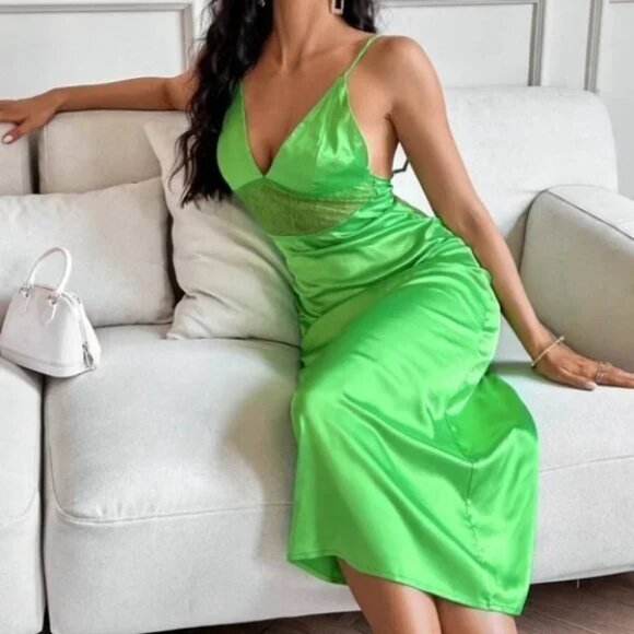 Zara Satin Effect Lace Slip Maxi Dress Green Blogger Fave  Size Small - Picture 3 of 9